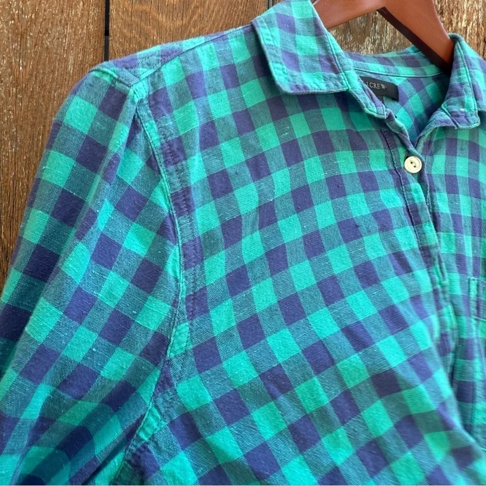 J CREW Women’s Green Blue Plaid Check Cotton Pull Over Blouse Shirt Size 4